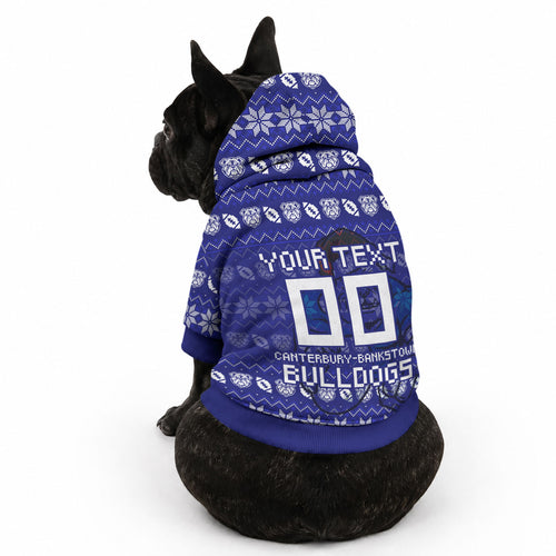 Personalized Canterbury Bulldogs Christmas Pet Hoodie Australian Rugby Fans - Pixelated Ugly Xmas Pattern Mascot Santa
