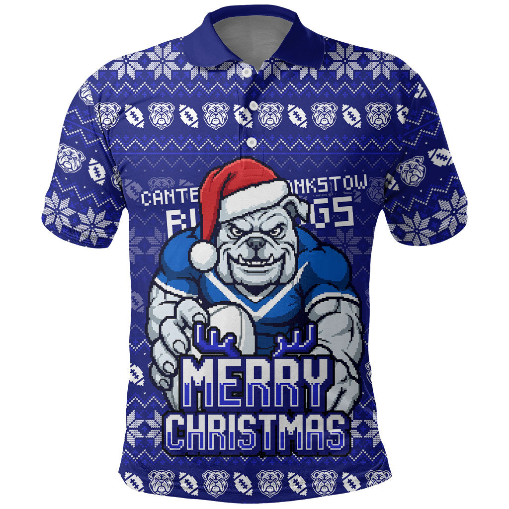 Personalized Canterbury Bulldogs Christmas Polo Shirt Australian Rugby Fans - Pixelated Ugly Xmas Pattern Mascot Santa