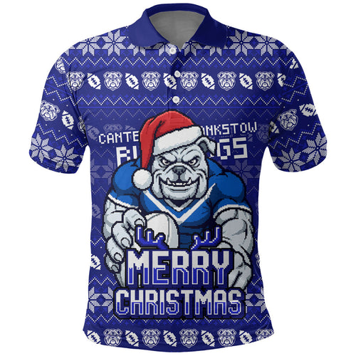 Personalized Canterbury Bulldogs Christmas Polo Shirt Australian Rugby Fans - Pixelated Ugly Xmas Pattern Mascot Santa