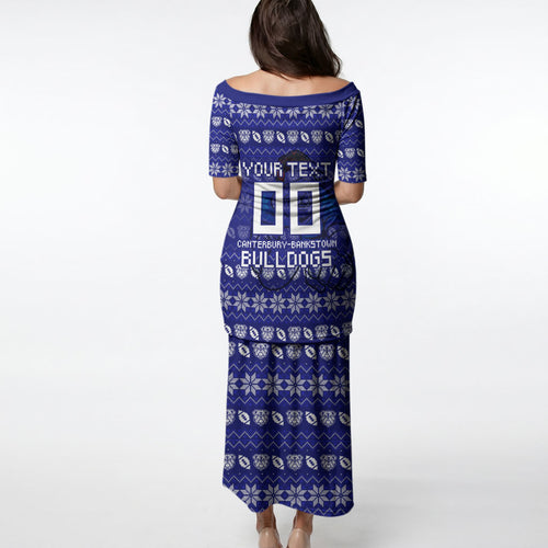 Personalized Canterbury Bulldogs Christmas Puletasi Australian Rugby Fans - Pixelated Ugly Xmas Pattern Mascot Santa