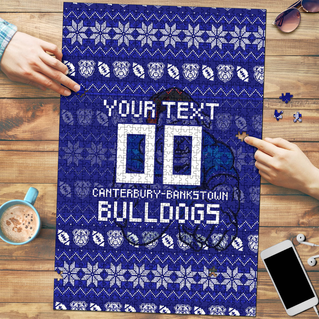Personalized Canterbury Bulldogs Christmas Puzzle Australian Rugby Fans - Pixelated Ugly Xmas Pattern Mascot Santa