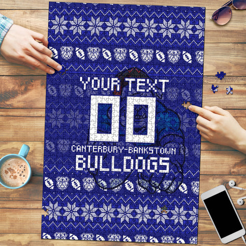 Personalized Canterbury Bulldogs Christmas Puzzle Australian Rugby Fans - Pixelated Ugly Xmas Pattern Mascot Santa