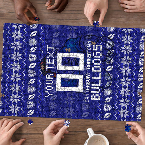 Personalized Canterbury Bulldogs Christmas Puzzle Australian Rugby Fans - Pixelated Ugly Xmas Pattern Mascot Santa