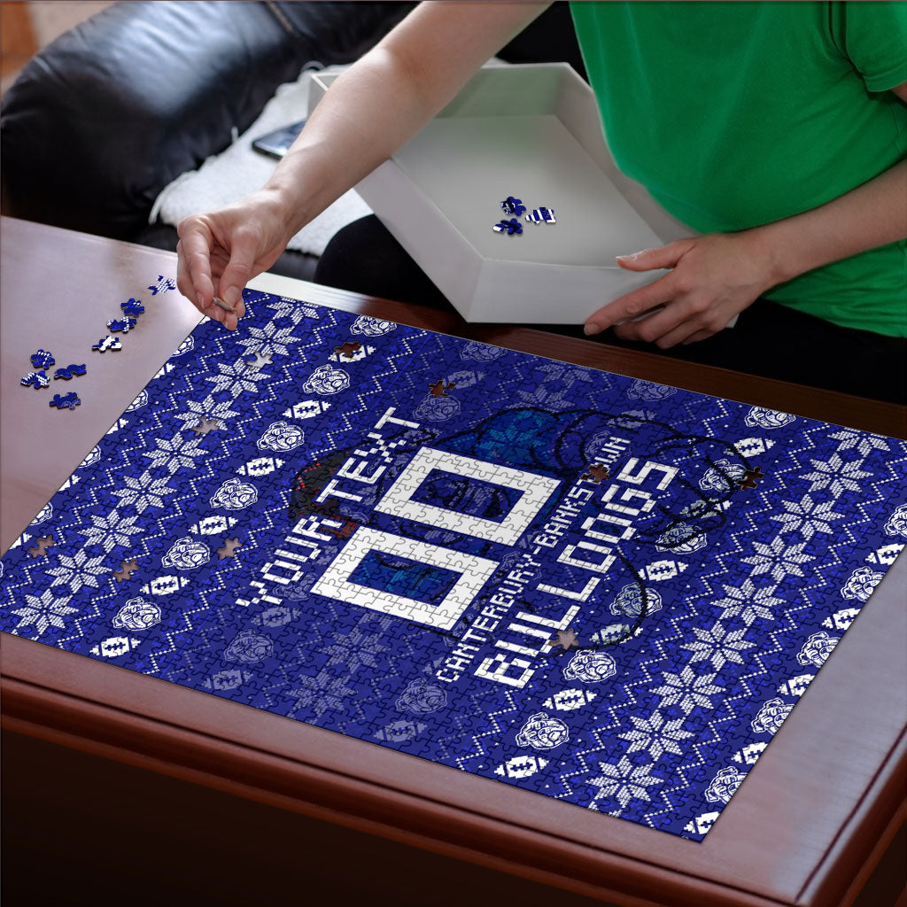 Personalized Canterbury Bulldogs Christmas Puzzle Australian Rugby Fans - Pixelated Ugly Xmas Pattern Mascot Santa