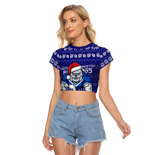 Personalized Canterbury Bulldogs Christmas Raglan Cropped T Shirt Australian Rugby Fans - Pixelated Ugly Xmas Pattern Mascot Santa
