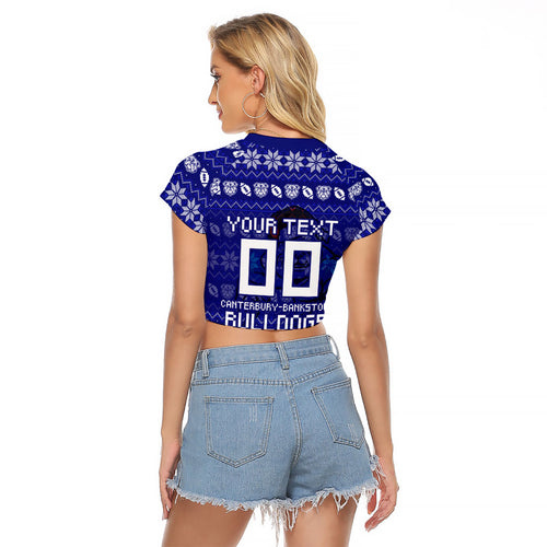 Personalized Canterbury Bulldogs Christmas Raglan Cropped T Shirt Australian Rugby Fans - Pixelated Ugly Xmas Pattern Mascot Santa