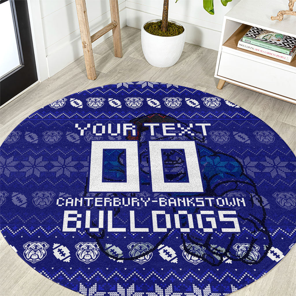 Personalized Canterbury Bulldogs Christmas Round Carpet Australian Rugby Fans - Pixelated Ugly Xmas Pattern Mascot Santa