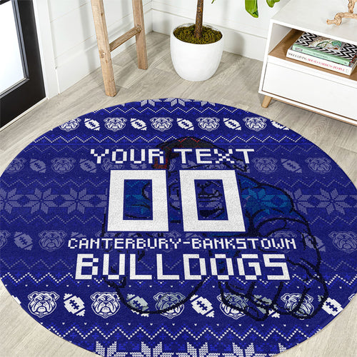 Personalized Canterbury Bulldogs Christmas Round Carpet Australian Rugby Fans - Pixelated Ugly Xmas Pattern Mascot Santa