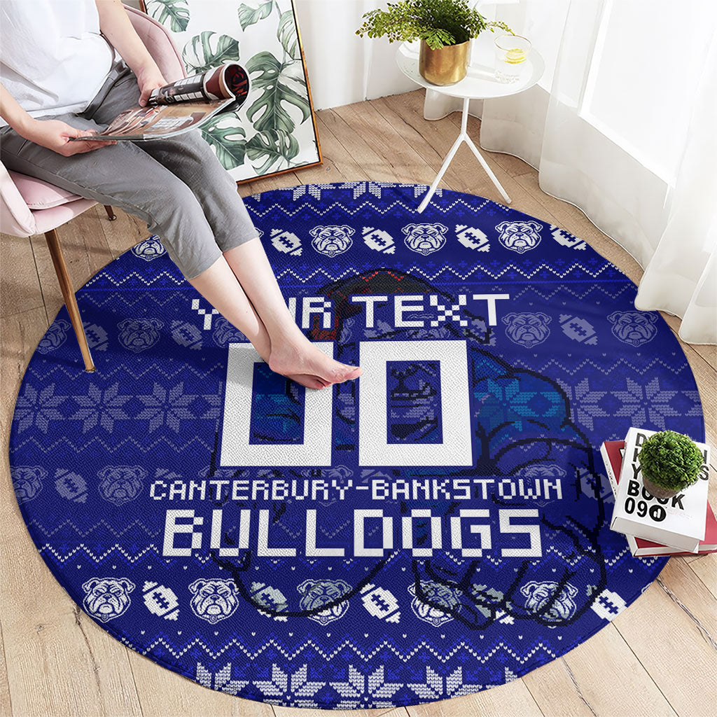 Personalized Canterbury Bulldogs Christmas Round Carpet Australian Rugby Fans - Pixelated Ugly Xmas Pattern Mascot Santa