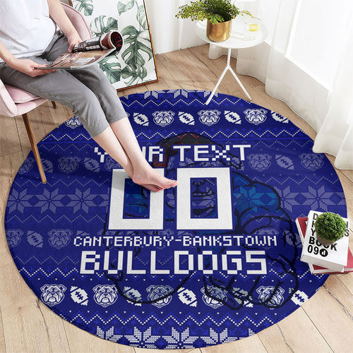 Personalized Canterbury Bulldogs Christmas Round Carpet Australian Rugby Fans - Pixelated Ugly Xmas Pattern Mascot Santa