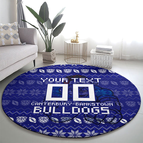 Personalized Canterbury Bulldogs Christmas Round Carpet Australian Rugby Fans - Pixelated Ugly Xmas Pattern Mascot Santa