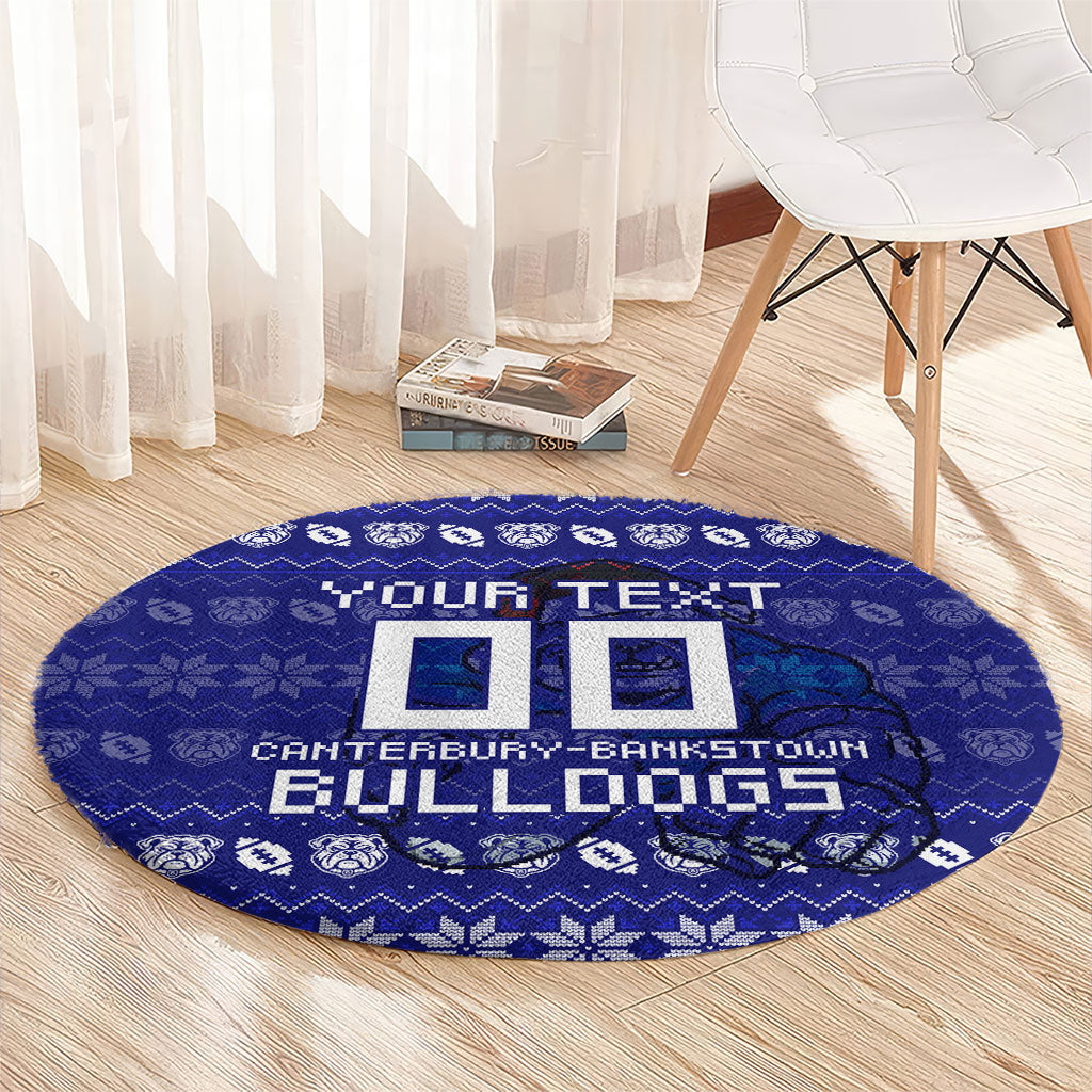 Personalized Canterbury Bulldogs Christmas Round Carpet Australian Rugby Fans - Pixelated Ugly Xmas Pattern Mascot Santa