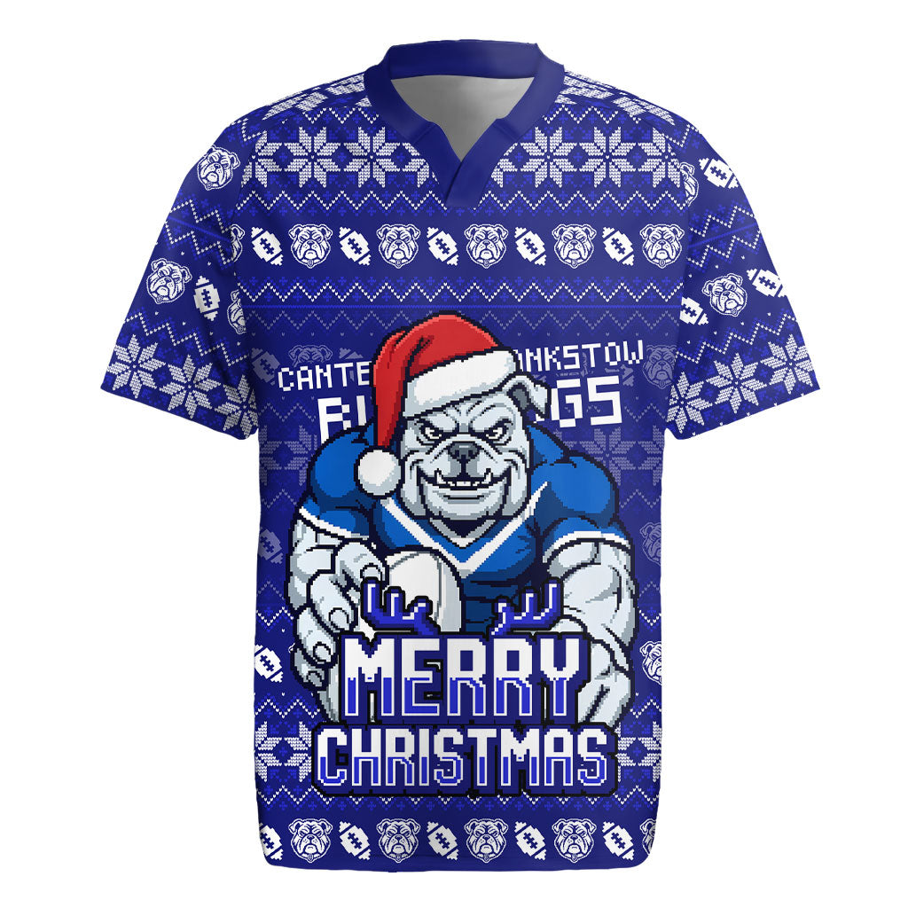 Personalized Canterbury Bulldogs Christmas Rugby Jersey Australian Rugby Fans - Pixelated Ugly Xmas Pattern Mascot Santa