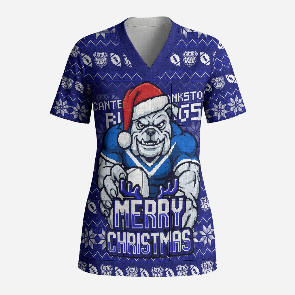 Personalized Canterbury Bulldogs Christmas Scrub Top Australian Rugby Fans - Pixelated Ugly Xmas Pattern Mascot Santa