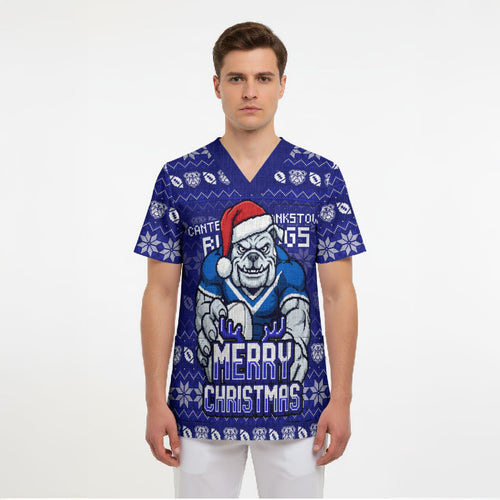 Personalized Canterbury Bulldogs Christmas Scrub Top Australian Rugby Fans - Pixelated Ugly Xmas Pattern Mascot Santa