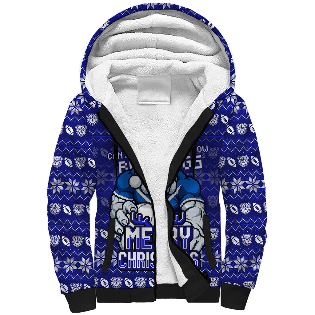 Personalized Canterbury Bulldogs Christmas Sherpa Hoodie Australian Rugby Fans - Pixelated Ugly Xmas Pattern Mascot Santa