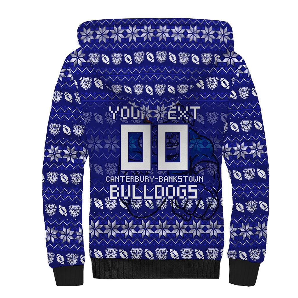 Personalized Canterbury Bulldogs Christmas Sherpa Hoodie Australian Rugby Fans - Pixelated Ugly Xmas Pattern Mascot Santa