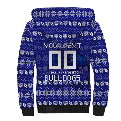Personalized Canterbury Bulldogs Christmas Sherpa Hoodie Australian Rugby Fans - Pixelated Ugly Xmas Pattern Mascot Santa