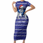 Personalized Canterbury Bulldogs Christmas Short Sleeve Bodycon Dress Australian Rugby Fans - Pixelated Ugly Xmas Pattern Mascot Santa