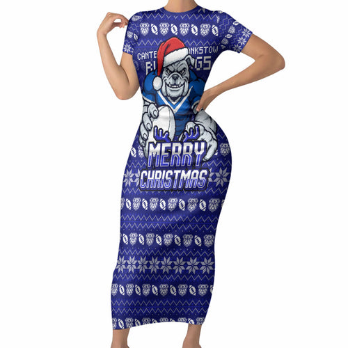 Personalized Canterbury Bulldogs Christmas Short Sleeve Bodycon Dress Australian Rugby Fans - Pixelated Ugly Xmas Pattern Mascot Santa