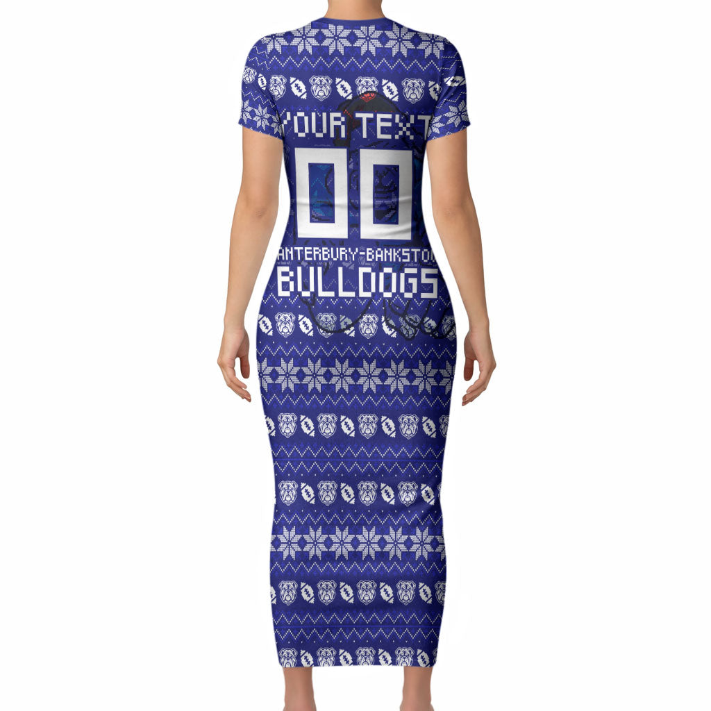 Personalized Canterbury Bulldogs Christmas Short Sleeve Bodycon Dress Australian Rugby Fans - Pixelated Ugly Xmas Pattern Mascot Santa