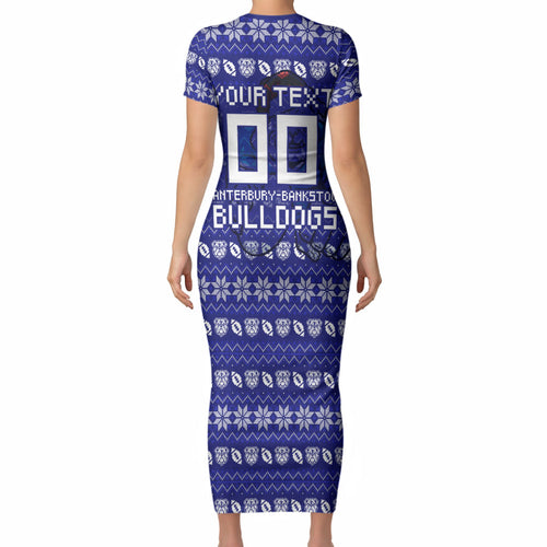 Personalized Canterbury Bulldogs Christmas Short Sleeve Bodycon Dress Australian Rugby Fans - Pixelated Ugly Xmas Pattern Mascot Santa