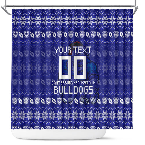 Personalized Canterbury Bulldogs Christmas Shower Curtain Australian Rugby Fans - Pixelated Ugly Xmas Pattern Mascot Santa