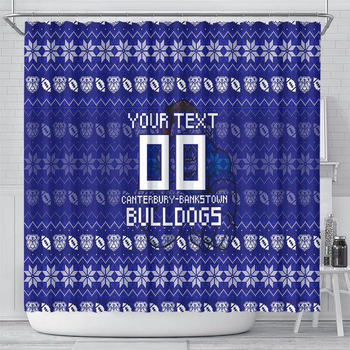 Personalized Canterbury Bulldogs Christmas Shower Curtain Australian Rugby Fans - Pixelated Ugly Xmas Pattern Mascot Santa