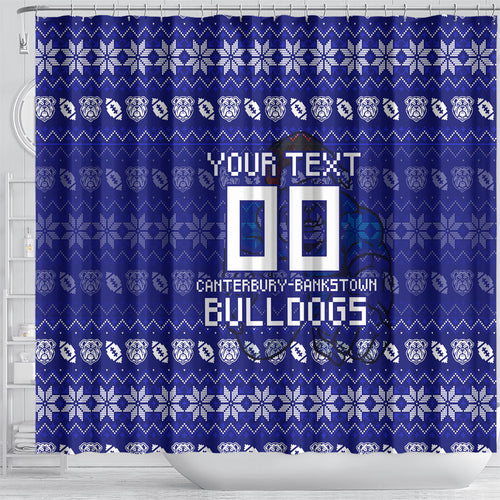 Personalized Canterbury Bulldogs Christmas Shower Curtain Australian Rugby Fans - Pixelated Ugly Xmas Pattern Mascot Santa