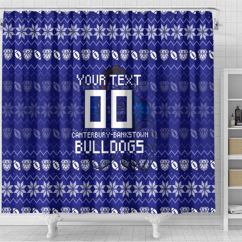 Personalized Canterbury Bulldogs Christmas Shower Curtain Australian Rugby Fans - Pixelated Ugly Xmas Pattern Mascot Santa