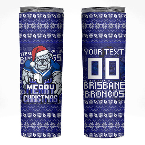 Personalized Canterbury Bulldogs Christmas Skinny Tumbler Australian Rugby Fans - Pixelated Ugly Xmas Pattern Mascot Santa