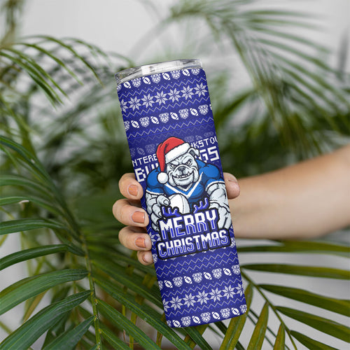 Personalized Canterbury Bulldogs Christmas Skinny Tumbler Australian Rugby Fans - Pixelated Ugly Xmas Pattern Mascot Santa