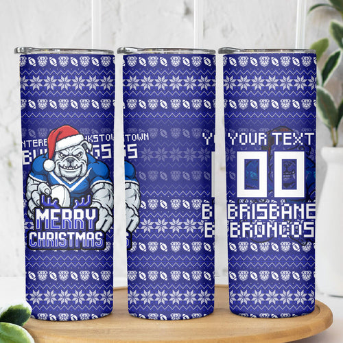 Personalized Canterbury Bulldogs Christmas Skinny Tumbler Australian Rugby Fans - Pixelated Ugly Xmas Pattern Mascot Santa