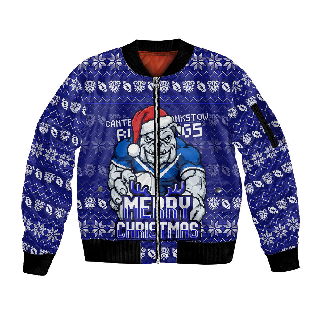 Personalized Canterbury Bulldogs Christmas Sleeve Zip Bomber Jacket Australian Rugby Fans - Pixelated Ugly Xmas Pattern Mascot Santa