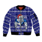 Personalized Canterbury Bulldogs Christmas Sleeve Zip Bomber Jacket Australian Rugby Fans - Pixelated Ugly Xmas Pattern Mascot Santa