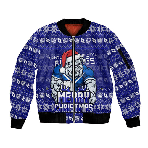 Personalized Canterbury Bulldogs Christmas Sleeve Zip Bomber Jacket Australian Rugby Fans - Pixelated Ugly Xmas Pattern Mascot Santa