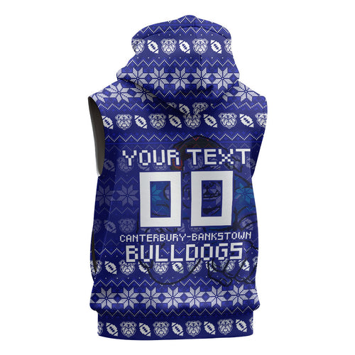 Personalized Canterbury Bulldogs Christmas Sleeveless Hoodie Australian Rugby Fans - Pixelated Ugly Xmas Pattern Mascot Santa
