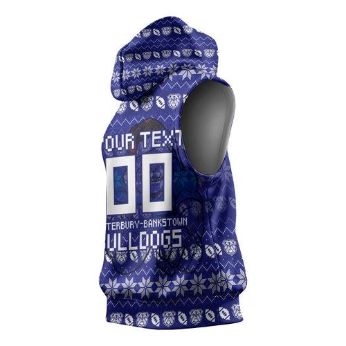 Personalized Canterbury Bulldogs Christmas Sleeveless Hoodie Australian Rugby Fans - Pixelated Ugly Xmas Pattern Mascot Santa