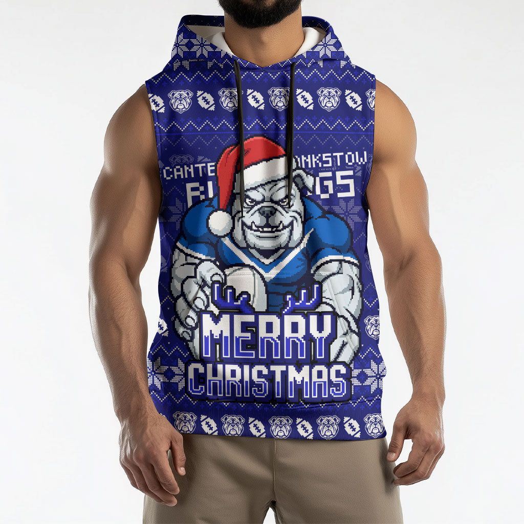 Personalized Canterbury Bulldogs Christmas Sleeveless Hoodie Australian Rugby Fans - Pixelated Ugly Xmas Pattern Mascot Santa
