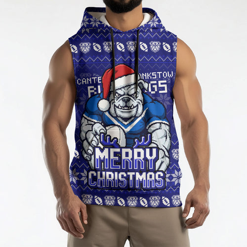 Personalized Canterbury Bulldogs Christmas Sleeveless Hoodie Australian Rugby Fans - Pixelated Ugly Xmas Pattern Mascot Santa