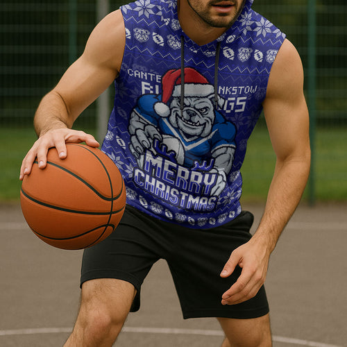 Personalized Canterbury Bulldogs Christmas Sleeveless Hoodie Australian Rugby Fans - Pixelated Ugly Xmas Pattern Mascot Santa