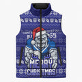 Personalized Canterbury Bulldogs Christmas Sleeveless Puffer Jacket Australian Rugby Fans - Pixelated Ugly Xmas Pattern Mascot Santa