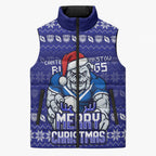 Personalized Canterbury Bulldogs Christmas Sleeveless Puffer Jacket Australian Rugby Fans - Pixelated Ugly Xmas Pattern Mascot Santa