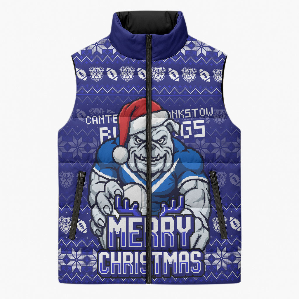 Personalized Canterbury Bulldogs Christmas Sleeveless Puffer Jacket Australian Rugby Fans - Pixelated Ugly Xmas Pattern Mascot Santa