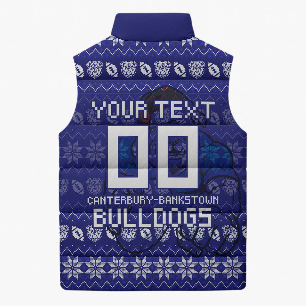 Personalized Canterbury Bulldogs Christmas Sleeveless Puffer Jacket Australian Rugby Fans - Pixelated Ugly Xmas Pattern Mascot Santa