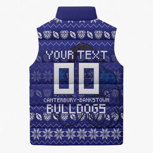 Personalized Canterbury Bulldogs Christmas Sleeveless Puffer Jacket Australian Rugby Fans - Pixelated Ugly Xmas Pattern Mascot Santa