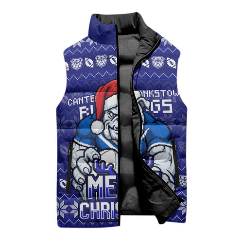 Personalized Canterbury Bulldogs Christmas Sleeveless Puffer Jacket Australian Rugby Fans - Pixelated Ugly Xmas Pattern Mascot Santa