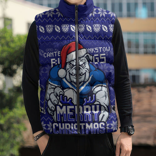 Personalized Canterbury Bulldogs Christmas Sleeveless Puffer Jacket Australian Rugby Fans - Pixelated Ugly Xmas Pattern Mascot Santa