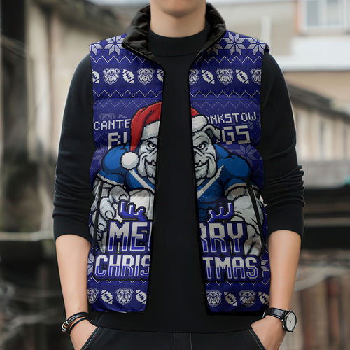 Personalized Canterbury Bulldogs Christmas Sleeveless Puffer Jacket Australian Rugby Fans - Pixelated Ugly Xmas Pattern Mascot Santa