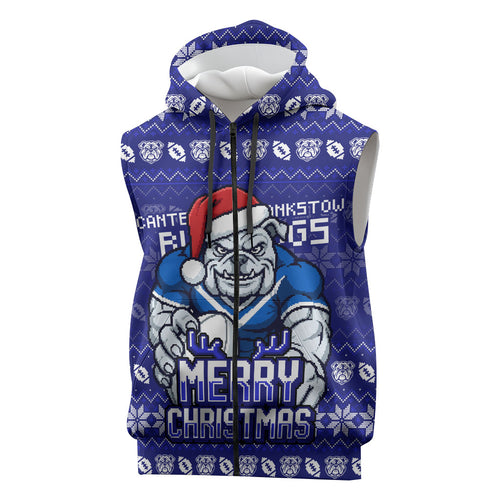 Personalized Canterbury Bulldogs Christmas Sleeveless Zip Hoodie Australian Rugby Fans - Pixelated Ugly Xmas Pattern Mascot Santa